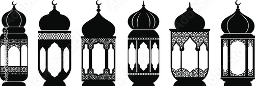 Traditional Ramadan lantern silhouette set ornate Arabic Islamic hanging lamps decorative vintage lantern collection vector illustration isolated on white background for Ramadan and Eid design