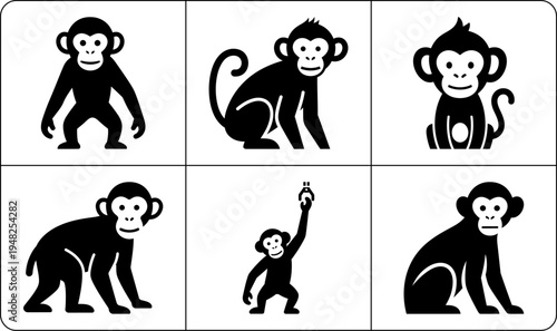 A set of six monkey silhouettes in different poses, showcasing their playful and curious nature, with a clean and simple design.
