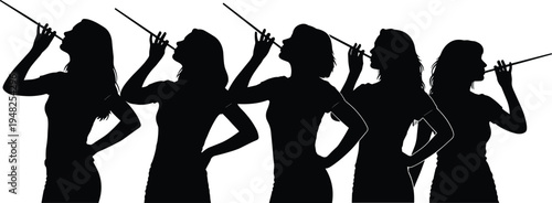 Black silhouettes of five women holding drumsticks white background