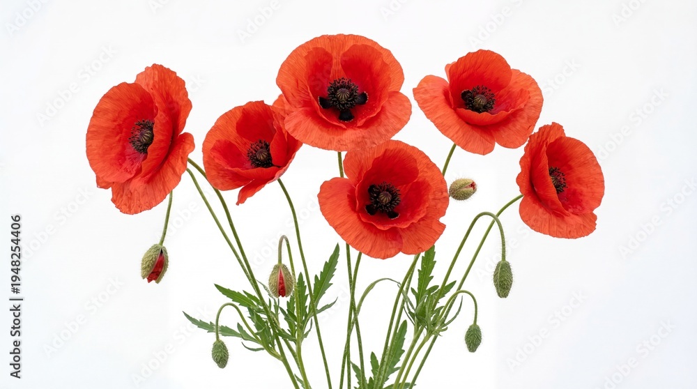 Obraz premium A beautiful bouquet of vibrant red poppy flowers featuring delicate petals and green stems and buds