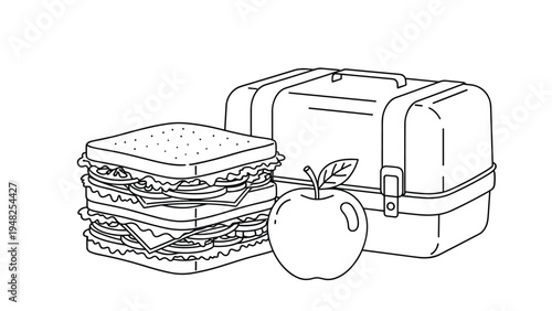 Simple outline drawing of a healthy packed lunch consisting of a large sandwich a fresh apple and a lunchbox.