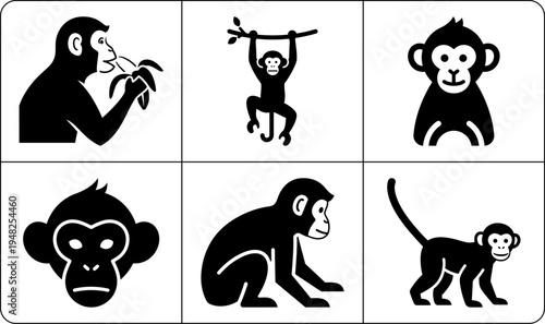 A set of six monkey silhouettes showcasing different poses and expressions, including a monkey eating, hanging, sitting, standing, and close-up views, all in black and white.