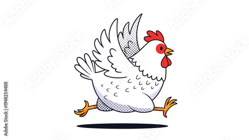 Energetic white cartoon chicken running quickly with wings spread open representing farm animals in motion.