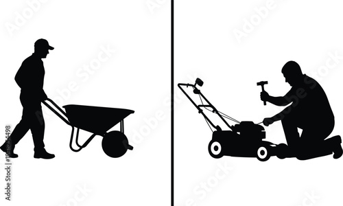 Black silhouettes of man pushing wheelbarrow and repairing lawn mower white background