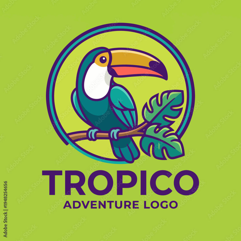 Fototapeta premium A vibrant logo featuring a toucan perched on a branch, representing adventure and tropical vibes, ideal for a travel or nature-related business or brand identity.