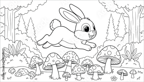 A cartoon rabbit jumping over mushrooms in a forest
