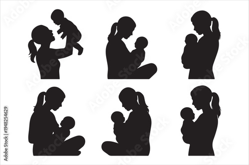 Silhouettes of mothers with babies in various tender poses