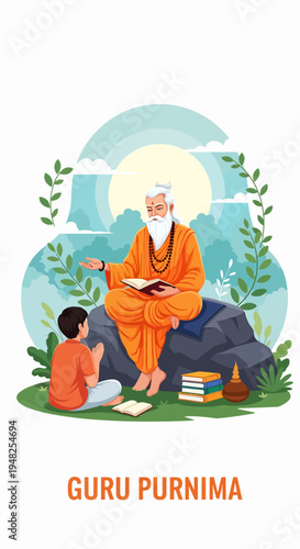 Guru Purnima illustration of a wise guru teaching a young student in a serene outdoor setting with lush greenery and a bright sun