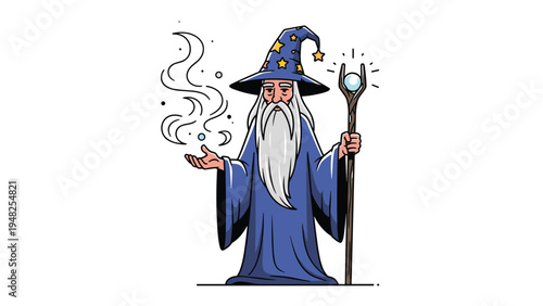 Powerful wizard with a long white beard wearing a blue starry hat and holding a magic staff with a glowing orb.