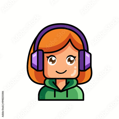 This adorable cartoon image features a girl wearing purple headphones and a green hoodie, radiating a fun and approachable vibe perfect for various creative uses.