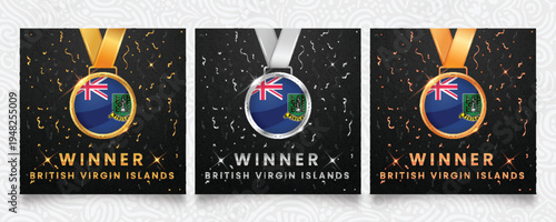 Set of three glossy winner medals (gold, silver, bronze) featuring the flag of British Virgin Islands. Vector awards with confetti and sparkles for competition and national pride.