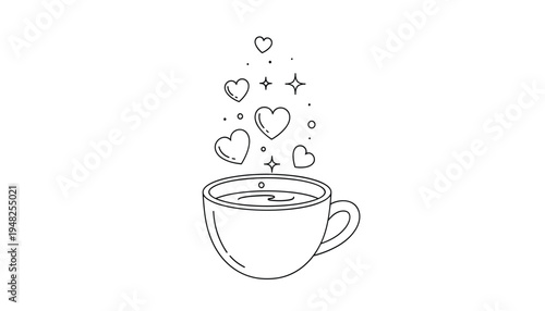 A steaming cup of coffee or tea with hearts and sparkles rising from it symbolizing love and warmth in a simple line drawing