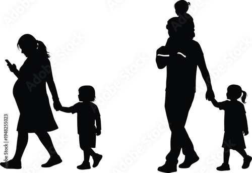 Black silhouettes of parents walking with children family