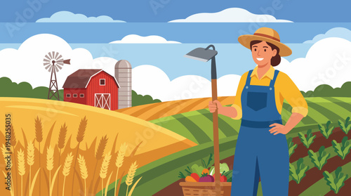 This bright illustration portrays a cheerful farmer standing in a field, holding a basket of produce, celebrating agricultural life and the connection between humans and nature.
