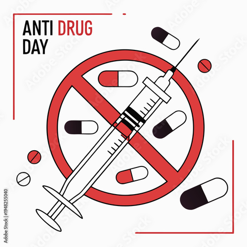 Anti drug day illustration featuring a crossed out syringe and pills