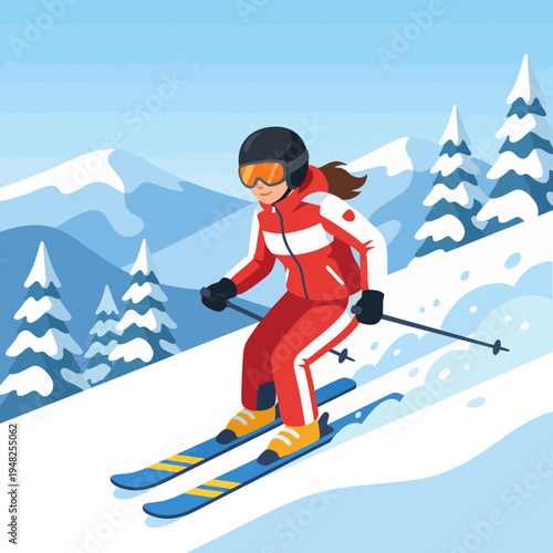 A dynamic depiction of a female skier navigating a snow-covered mountain slope, emphasizing winter sports action and the thrill of outdoor adventure in a vibrant environment.