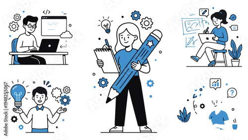 Creative professionals illustrations showing designer developer writer and analyst working on new projects