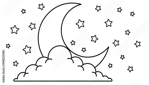 A black and white line drawing of a crescent moon shining over clouds with stars in the night sky for coloring book illustration