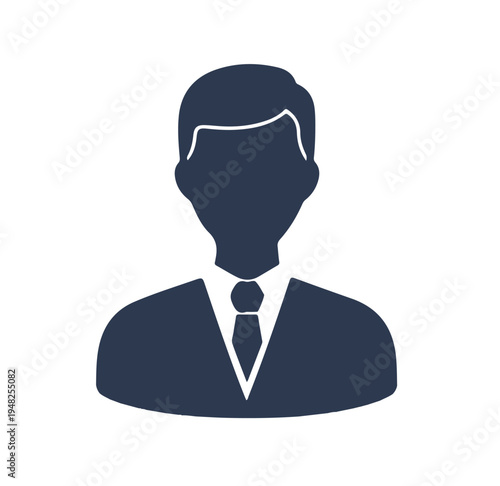Businessman icon in dark blue silhouette style with white outline on plain white background for corporate branding