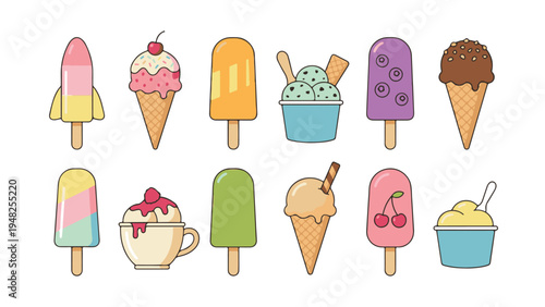 Set of cute colorful ice cream and popsicle desserts collection, sweet summer snacks with various flavors