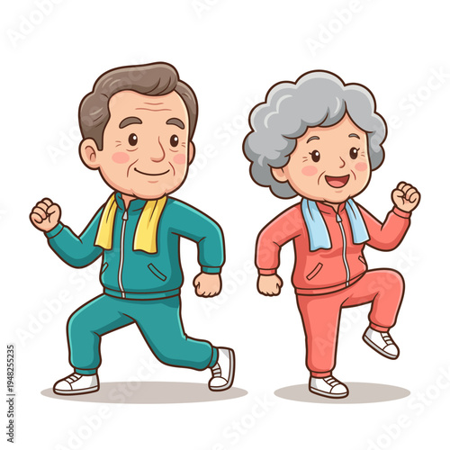 This vibrant illustration showcases an elderly couple joyfully participating in physical activity, sport, and healthy living, representing vitality and enjoyment in later life.