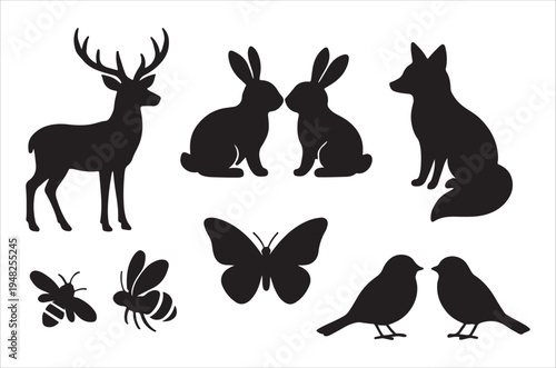 Silhouettes of forest animals including deer rabbits fox and insects