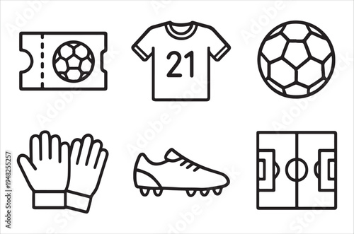 Line art icons representing soccer elements ticket jersey ball and more