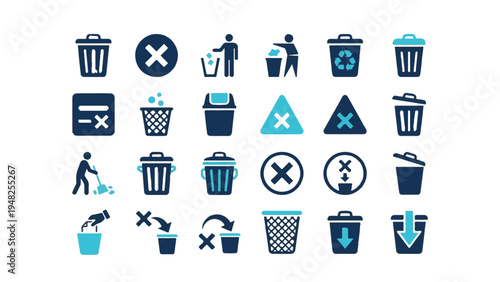 Set of trash bin and delete icons collection, garbage and remove signs in blue and black colors