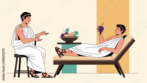 Two ancient Greek or Roman men in traditional white robes engaged in conversation while one rests on a daybed.