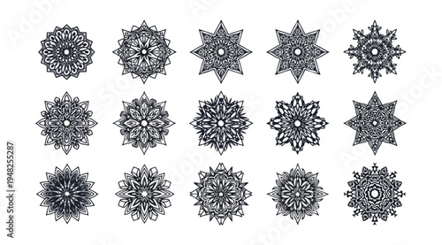 Abstract geometric ornaments in white on black backgrounds