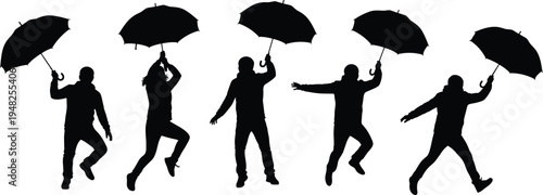 Black silhouettes of people dancing with umbrellas