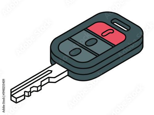 Automotive remote key fob featuring three black buttons and one prominent red security button lies flat.