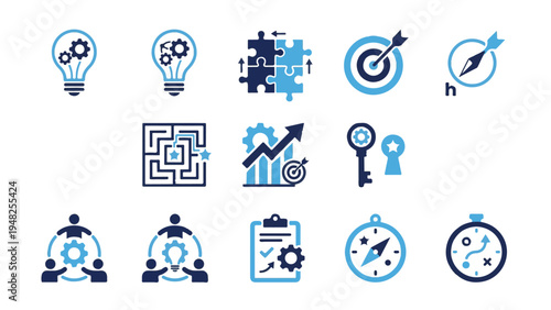 Performance and development icons with light bulbs puzzles targets mazes growth charts and team silhouettes
