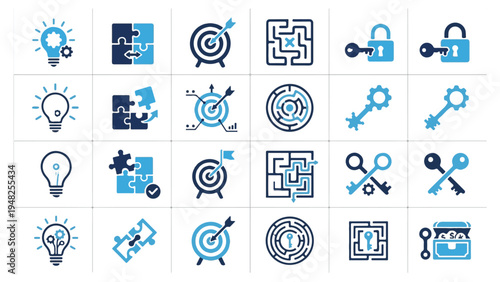 Strategy and solution icon set featuring light bulbs puzzles targets mazes locks keys and treasure chests