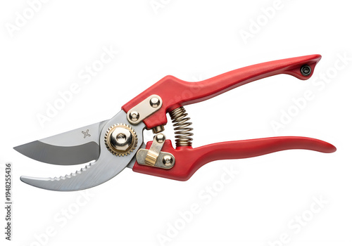 A pair of red handled pruning shears on a white background isolated on transparent background