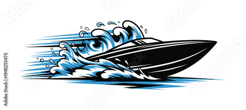 Speed boat vector graphic with blue water splashes on transparent background art