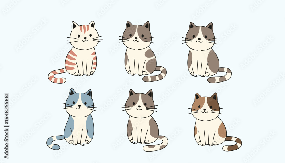 Fototapeta premium Cute cartoon cats with different coat patterns sitting on a light blue background