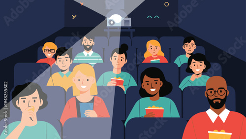 Group of people sitting in a movie theater with popcorn watching a film projected from the back of the room.