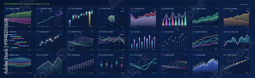 Futuristic data visualization dashboard set with colorful neon charts, graphs, bars, waves, radar, and analytics panels in a dark blue interface style for UI and infographic design.