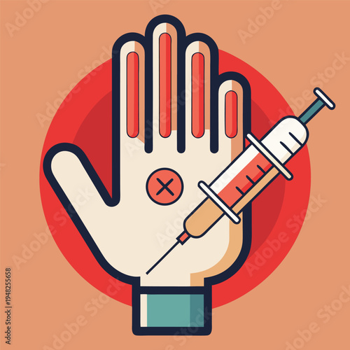 Stop vaccinations a hand with a no symbol and a syringe piercing it