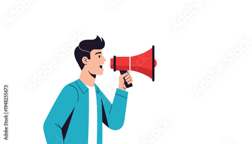 Man speaking through a megaphone to amplify his voice to a large audience with a loudspeaker