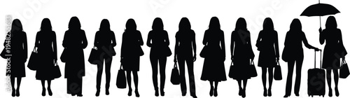 Black silhouettes of women walking in a line with luggage and bags people