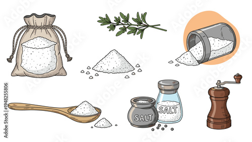 Collection of salt related items including a salt shaker wooden spoon burlap sack and a manual salt grinder.