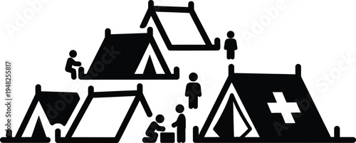 refugee camp tents with people