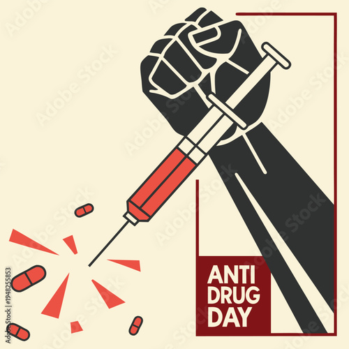 A clenched fist crushes a syringe with pills scattered around symbolizing resistance