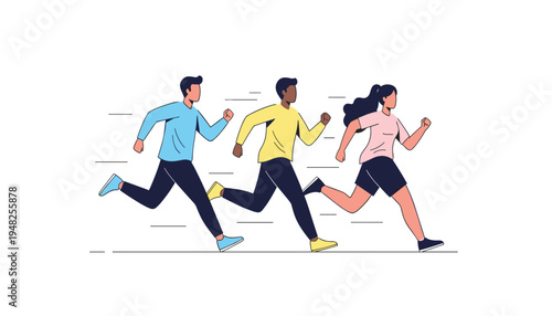 Diverse group of people running together in a line engaging in a healthy lifestyle with energy and enthusiasm