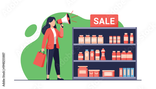 Woman announcing sale with megaphone next to product shelf