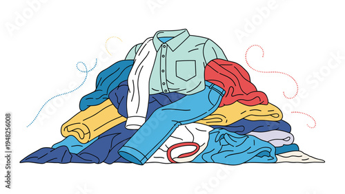 Large messy heap of various colorful clothes including shirts and trousers representing laundry day or organization tasks.