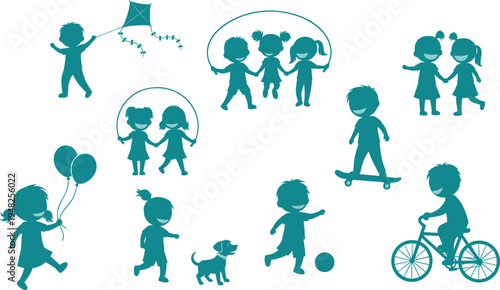 Children playing outside with toys and pets in teal silhouette kids outdoors