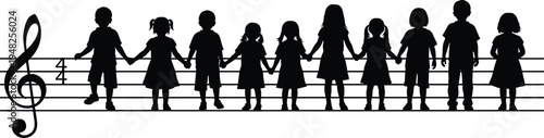 Children silhouettes on musical staff holding hands kids